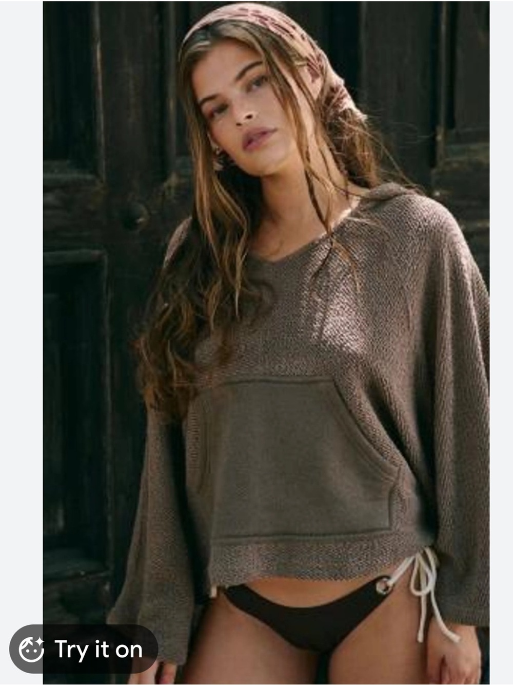 UO x free-est M Sahara Brown Poncho Style Relaxed Cozy Boucle Knit Cotton Top